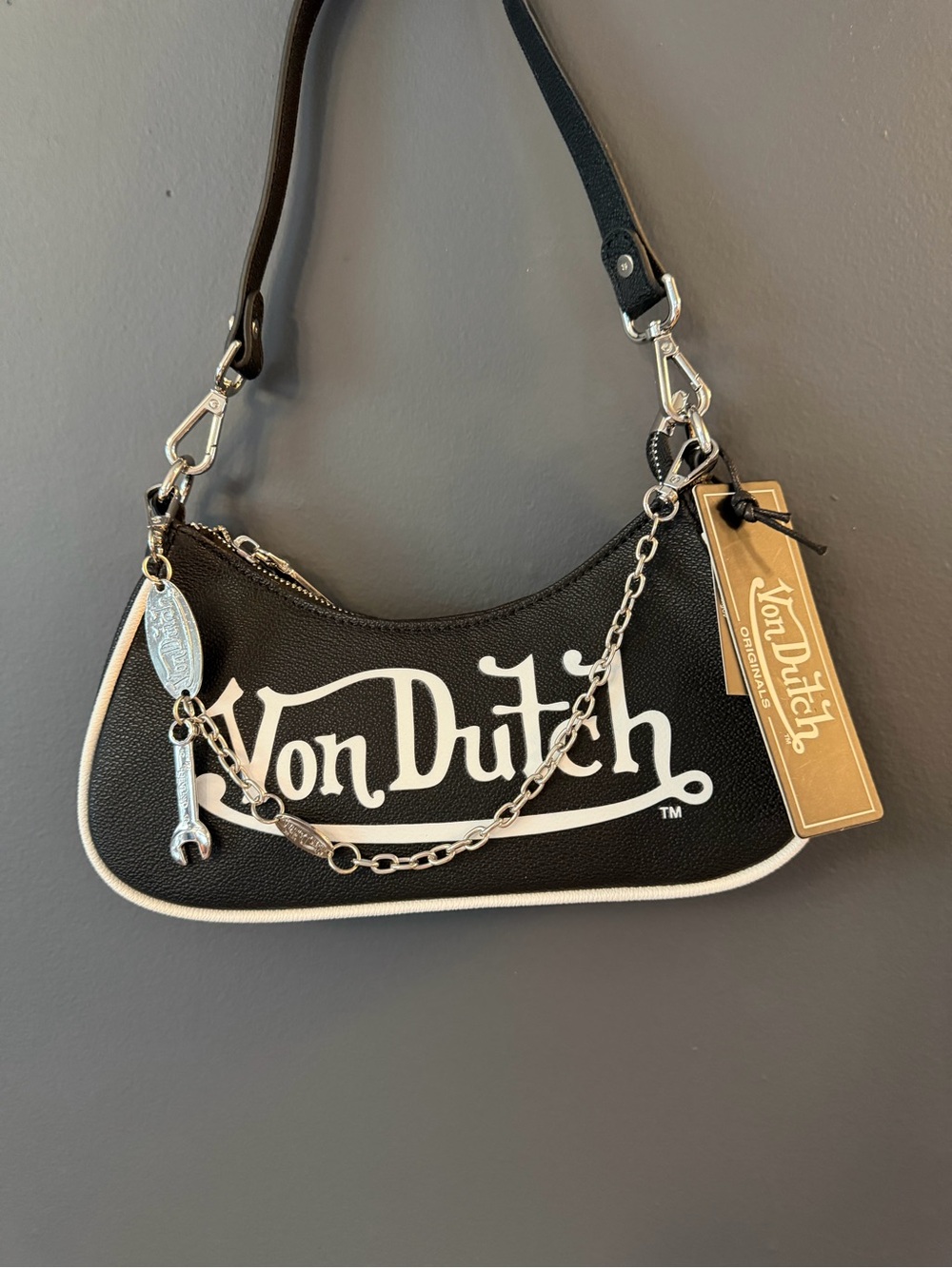 Von Dutch Black Shoulder Bag with White Logo and Silver Chain